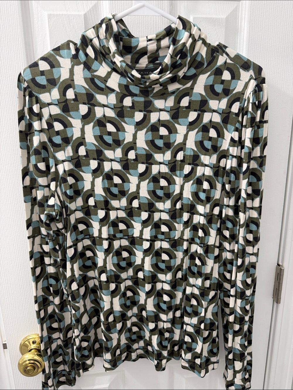 Tahari Olive, Light Blue & Cream Geometric Mock Neck Top